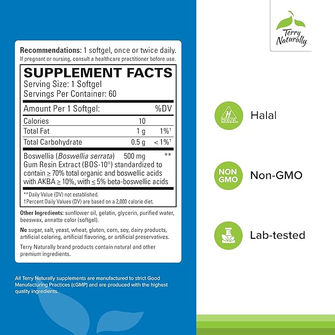 Terry Naturally BosMed 500 - Boswellia Serrata Extract Supplement - Dietary Supplement for Healthy Lung Support - Herbal Supplement Formula - 60 Softgels