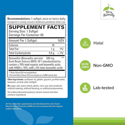Terry Naturally BosMed 500 - Boswellia Serrata Extract Supplement - Dietary Supplement for Healthy Lung Support - Herbal Supplement Formula - 60 Softgels