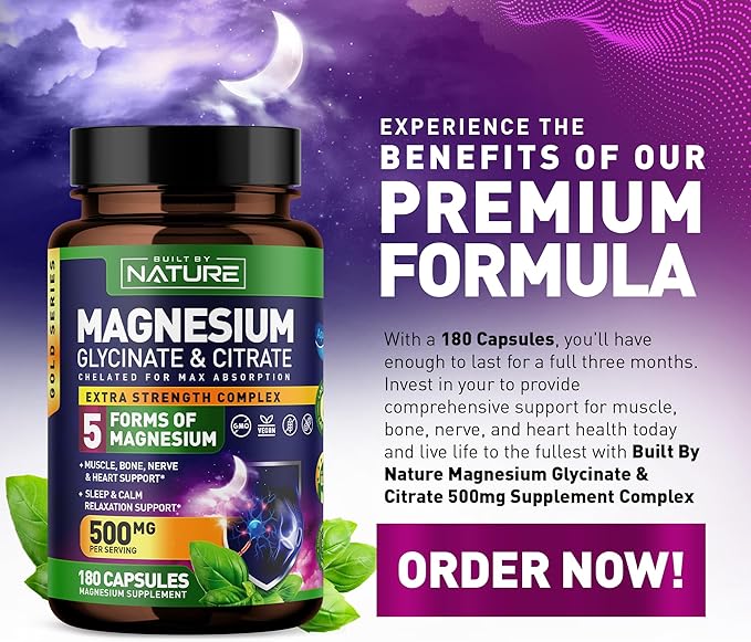 Magnesium Complex 500mg - 5 Forms of Magnesium Glycinate, Citrate, Malate, Oxide & Aquamin with 72 Trace Minerals - Chelated for Absorption - Supplement for Muscle, Nerve, Heart & Sleep (180 Capsules)