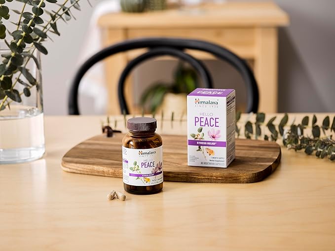 Himalaya Hello Peace, Daily Stress Relief Herbal Supplement, Ashwagandha, Turmeric, Saffron, Eases Nervousness, Relaxation and Calm, Balances Cortisol, Non-GMO, Vegan, 60 Capsules, 30 Day Supply