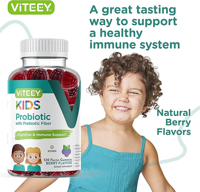 Probiotic Gummies for Kids Plus Prebiotics Fiber - 2 Billion CFUs - Digestive Health,Gut Health, Constipation Relief for Kids Support - Vegan, Gelatin Free - Chewable Probiotic Berry Flavored Gummy