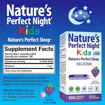 Nature's Perfect Night Kids | Kids Melatonin 1mg | 100 Chewable Tablets | Natural Grape Flavor | Sugar Free | Vegan | Gluten Free | Drug Free | Value Size
