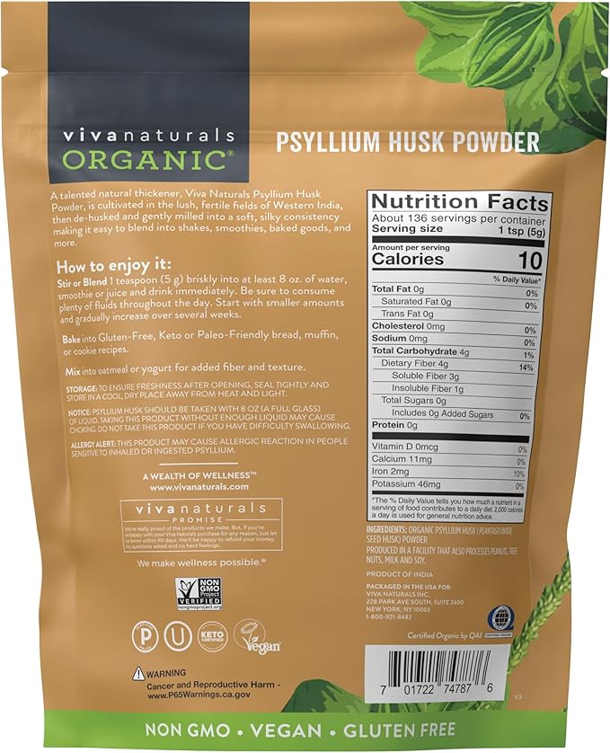 Viva Naturals Organic Psyllium Husk Powder, 24 oz - Finely Ground, Unflavored Plant Based Superfood - Good Source of Fiber for Gluten-Free Baking, Juices & Smoothies - Certified Vegan, Keto and Paleo