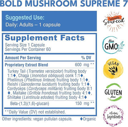 Mushroom Supreme 7 – Mushroom Supplement – Organic Extracts of Turkey Tail, Chaga, Phellinus, Reishi, Cordyceps, Maitake, Shiitake for Immune Support & Optimal Wellness, 60 Caps