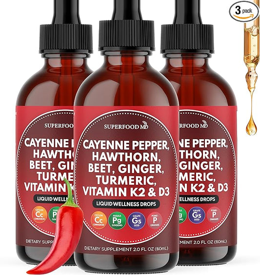 Cayenne Pepper Supplement Liquid Drops + Hawthorn Berry, Vitamin D3 K2 Beet Root Powder, Ceylon Cinnamon, Turmeric Curcumin, Organic Panax Ginseng - 6 OZ