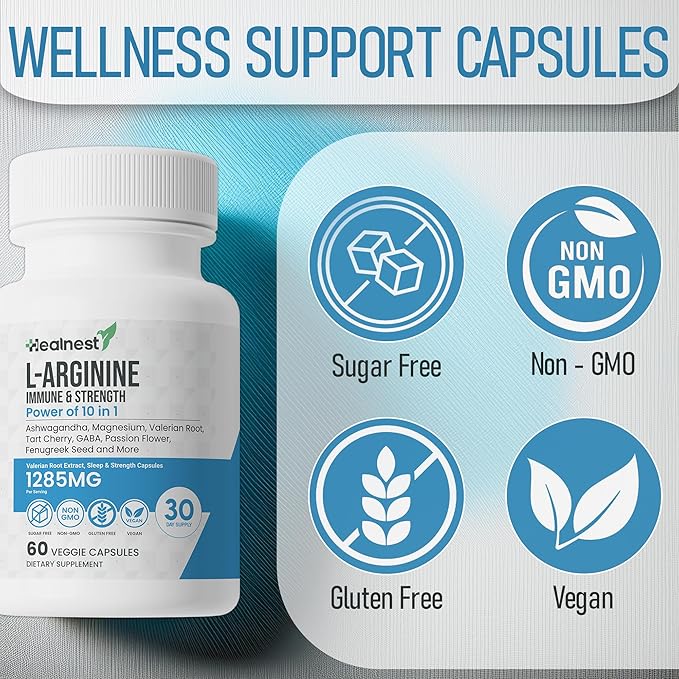 L-Arginine Capsules - 1285MG Blend of Ashwagandha, L-Theanine, Magnesium, GABA, Zinc & Tart Cherry – Muscle Recovery, Sleep & Mood Support – Non-GMO, Gluten-Free, 60 Veggie Capsules For Men And Women