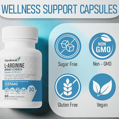 L-Arginine Capsules - 1285MG Blend of Ashwagandha, L-Theanine, Magnesium, GABA, Zinc & Tart Cherry – Muscle Recovery, Sleep & Mood Support – Non-GMO, Gluten-Free, 60 Veggie Capsules For Men And Women