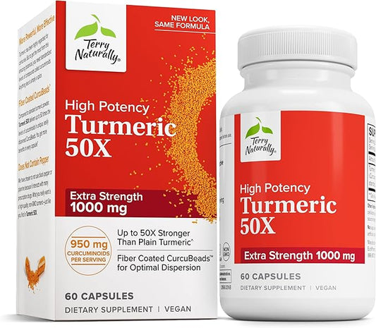 Terry Naturally Turmeric 50X - Dietary Supplement for Brain & Heart Health Support - Extra Strength Turmeric to Aid Immune Health - Non-GMO Supplement - 60 Capsules