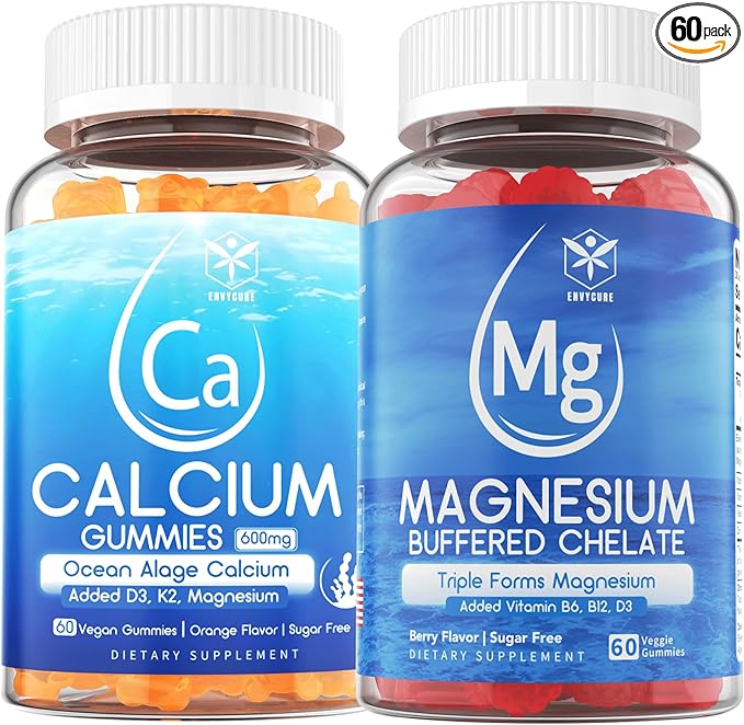 Sugar Free Calcium Gummies 600mg, Ocean Algae Calcium with Vitamin D3, K2 & Sugar Free Magnesium Gummies, Triple Magnesium Supplement