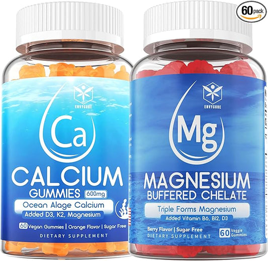 Sugar Free Calcium Gummies 600mg, Ocean Algae Calcium with Vitamin D3, K2 & Sugar Free Magnesium Gummies, Triple Magnesium Supplement