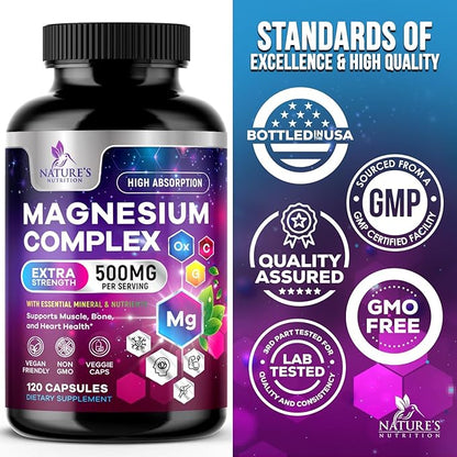 Magnesium Complex Supplement 500 mg - 5 in 1 High Absorption Chelated Magnesium Glycinate, Malate, Citrate, Oxide, Aquamin - Non-GMO Magnesio Capsules, Bone Muscle & Heart Health Support, 120 Capsules