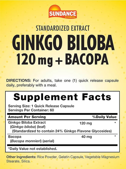 Sundance Ginkgo Biloba Capsules | 120mg | Standardized Extract with Bacopa | Gluten Free Traditional Herb Supplement