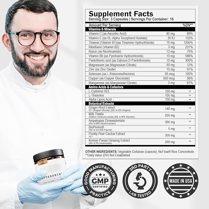 omre AfterDrink Restore Pills with Milk Thistle, DHM, Vitamin B, Ginger & Herbal Extracts - Pre & Post Drinking Supplement with Liver Support for Better Mornings - Made in USA (48 Caps)