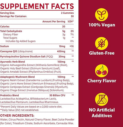 CoQ10 Gummies with PQQ - 400 MG Coenzyme Q10 High Potency, Enhanced with Ayurvedic Herbs, Adaptogenic Mushroom Blend & Probiotics for Heart, Brain, Energy, Immunity, Cherry Flavor, 120 Vegan Gummies
