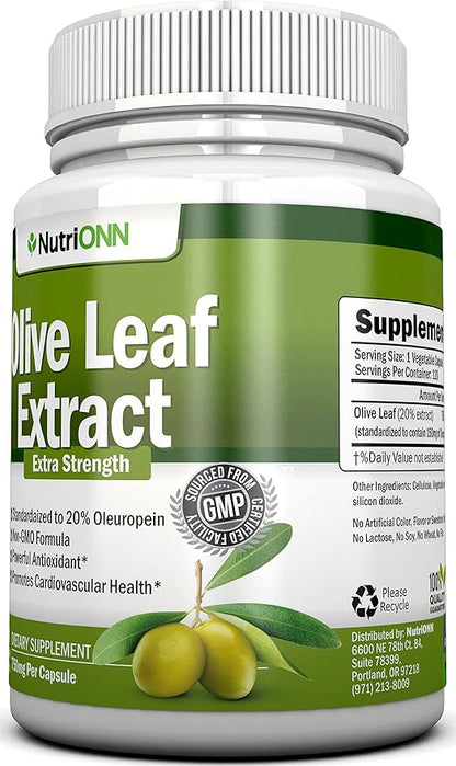 Olive Leaf Extract - 750 Mg - 120 Capsules - Extra Strength - 20% Oleuropein - Non-GMO Formula - Premium Quality From Pure Olive Leaves - Powerful Antioxidant - Great for Heart, Skin and Brain
