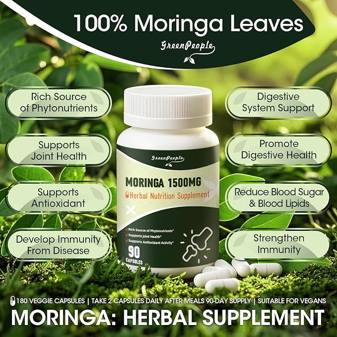 Moringa Pure Capsules, Rich Moringa Powder, A Natural Green Antioxidant Superfood - Supports Energy, Skin Health, Gut Health, with Essential Vitamins & Amino Acids 90pcs*2