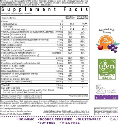 Bluebonnet Nutrition Rainforest Animalz Whole Food Based Multiple Chewable Tablets, Kids Multivitamin & Mineral, Vitamin C, D3, Iron, Gluten Free, Milk Free, Kosher, 90 Chewable Tablets, Mixed Flavors