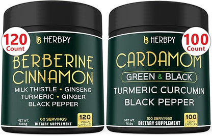 Bundle 7in1 Berberine HCl 97% 120 Count & 4in1 Cardamom Capsules 100 Count - Support Immune, Digestion, Heart Health, and Natural Wellness