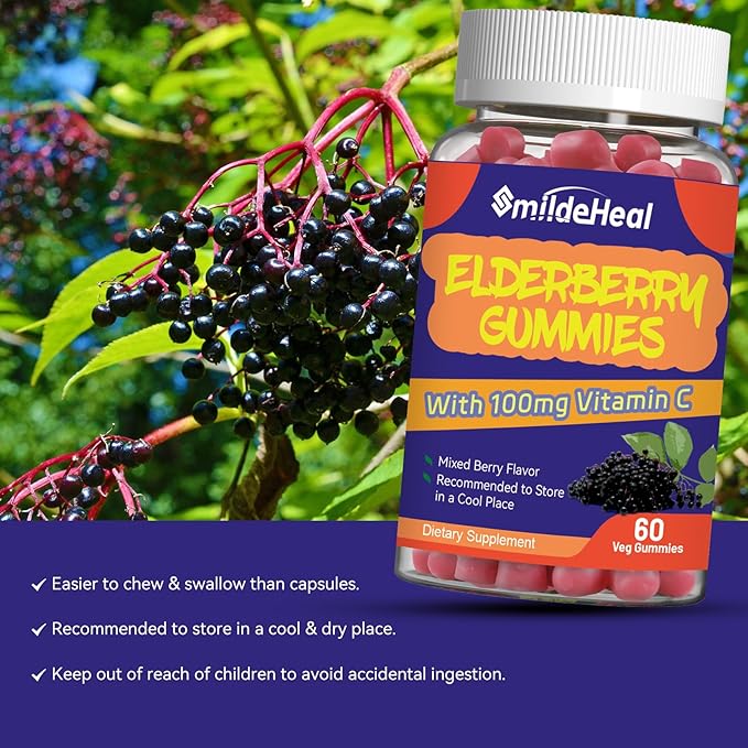 Elderberry Gummies, Elderberry Extract 300mg, with Vitamin C and Zinc, Strawberry Flavor Gummies, Non-GMOs, Gluten Free, Vegan-Friendly, Immune Support, 60 Count