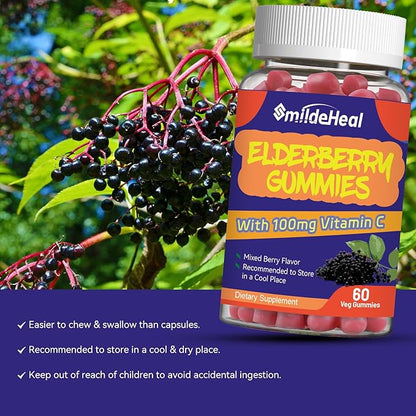 Elderberry Gummies, Elderberry Extract 300mg, with Vitamin C and Zinc, Strawberry Flavor Gummies, Non-GMOs, Gluten Free, Vegan-Friendly, Immune Support, 60 Count