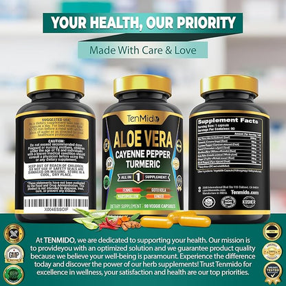 Aloe Vera Capsules Supplement - 8in1 Formula - Combine with Turmeric, Cayenne Pepper, Marshmallow, Fennel, Gotu Kola, Ginger, and Black Pepper - 90 Capsules for 3 Months Supply