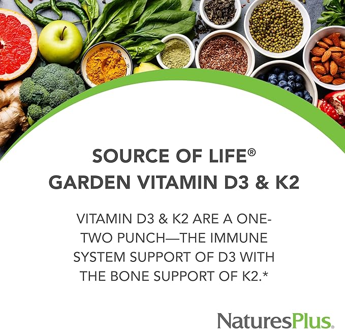 Natures Plus Source of Life Garden Vitamin D3 & K2-60 Vegan Capsules - Promotes Bone Support, Immune Function, Cardiovascular Health & Mood Balance - Vegan, Gluten Free - 60 Servings