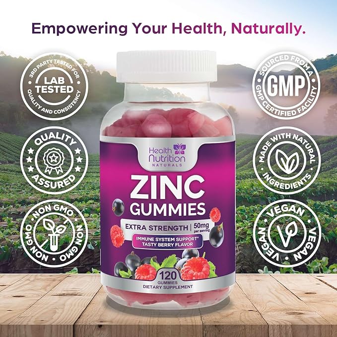 Zinc Gummy for Adults 50mg, Max Strength Bone, Skin Health & Immune Support Gummies, Vegan, Non-GMO & Gluten Free, Immune Health Support, Nature’s Antioxidant Chewable Zinc Vitamins - 120 Gummies