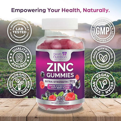 Zinc Gummy for Adults 50mg, Max Strength Bone, Skin Health & Immune Support Gummies, Vegan, Non-GMO & Gluten Free, Immune Health Support, Nature’s Antioxidant Chewable Zinc Vitamins - 120 Gummies