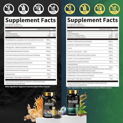 Shilajit for Men and Women, Sea Moss and Shilajit Bundle Pill, All in 1 Supplements with Coenzyme Q10, Black Seed, Ashwagandha, Taurine, Burdock for Energy, Antioxidant & Immune Support, 240 Capsule