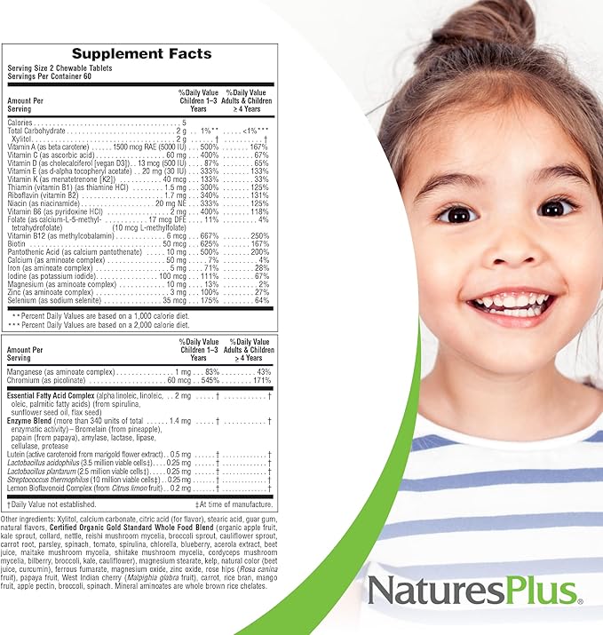 Natures Plus Animal Parade Gold Multivitamin Children’s Chewables - Watermelon Flavor - 120 Animal-Shaped Tablets, Pack of 2 - Vitamin D3, K2 & Probiotics - Vegan, Gluten Free - 120 Total Servings