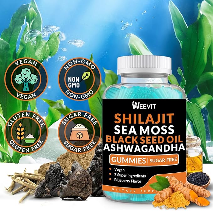 Shilajit Sea Moss Ashwagandha Gummies with Turmeric, Black Seed Oil, Vitamin C D for Men & Women, Shilajit and Ashwagandha Gummy, All in 1 Supplements for Immune, Absorption & Energy Support