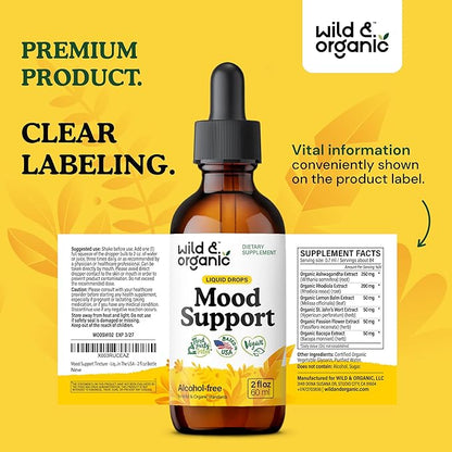 Wild & Organic Mood Support Drops - Good Mood Supplements w/Ashwagandha Root & Rhodiola Rosea - Natural Liquid Drops for Positive Energy - Calm and Relax Supplements for Women and Men - 2 oz