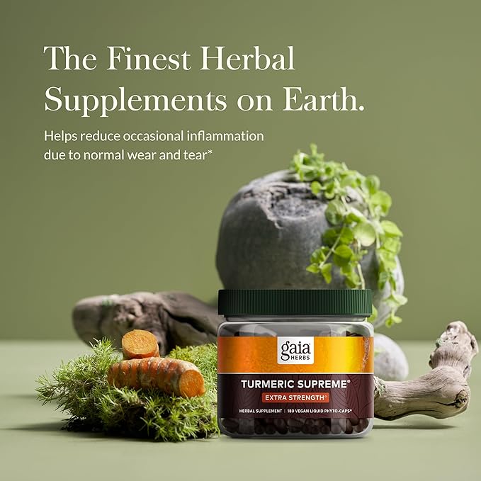 Gaia Herbs Turmeric Supreme Extra Strength - Supports Occasional Swelling from Normal Wear & Tear - with Turmeric Curcumin & Black Pepper - 180 Vegan Liquid Phyto-Capsules (Up to 180-Day Supply)