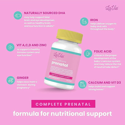LaVie Prenatal Vitamins with Ginger, DHA, Folic Acid, & Iron - Pregnancy Must Haves for Baby's Brain & Body Development - Non-GMO, Gluten-Free Prenatals for Women (1 Month Supply)