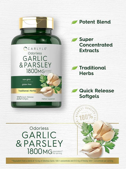 Carlyle Odorless Garlic & Parsley 1800mg | 200 Softgels | Non-GMO, Gluten Free Supplement