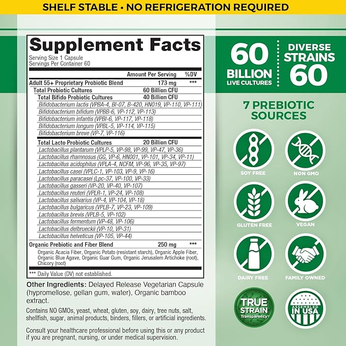 Vital Planet - Vital Flora Adults Over 55 Daily Probiotic 60 Billion CFU, Diverse Strains, Organic Prebiotics, Immune and Digestive Health Shelf Stable Probiotics for Women and Men, 60 Capsules