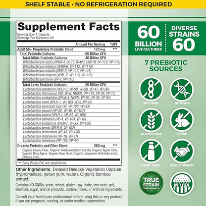 Vital Planet - Vital Flora Adults Over 55 Daily Probiotic 60 Billion CFU, Diverse Strains, Organic Prebiotics, Immune and Digestive Health Shelf Stable Probiotics for Women and Men, 60 Capsules