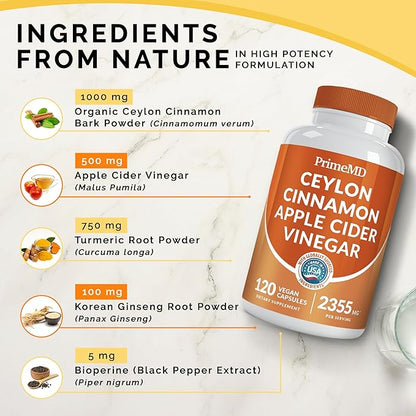 5-in-1 Ceylon Cinnamon Capsules 2355mg - Ceylon Cinnamon and Apple Cider Vinegar with Turmeric, Panax Ginseng, Cinnamon, and Bioperine, 120 ct
