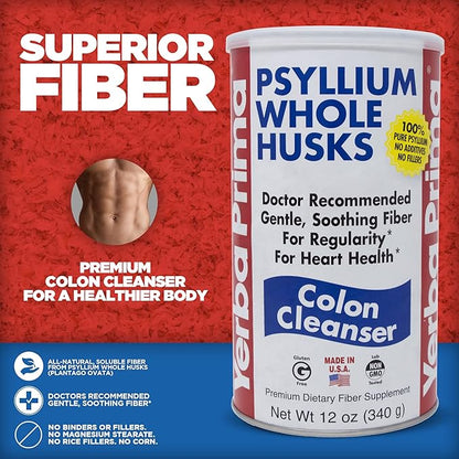 Yerba Prima Psyllium Husk, 12 Ounce (Pack of 2) - Colon Cleanser Fiber Supplement - Natural Support for Gut Health - Non GMO, Gluten Free, Vegan