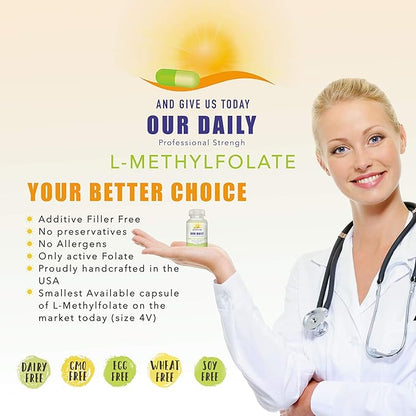 Our Daily Vites L-Methylfolate 7.5 mg / 7500 mcg Maximum Strength Active Folate, 5-MTHF, Filler Free, Gluten Free, Non-GMO, Vegetarian Capsules 60 Capsules