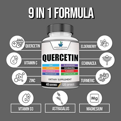 American Standard Supplements Quercetin 1000mg Per Serving with Zinc, Vitamin C, Vitamin D3, Magnesium, Elderberry, Echinacea, Turmeric, Astragalus - Gluten Free, Non-GMO, 120 Capsules, 40 Servings