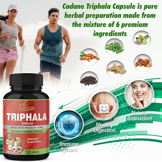 Organic Cadane Triphala Extract Capsules, 5 Months Supply with Turmeric, Guggulu, Ginger, Black Pepper, Moringa - Support Digestion Health & Immune System - 150Caps