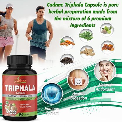 Organic Cadane Triphala Extract Capsules, 5 Months Supply with Turmeric, Guggulu, Ginger, Black Pepper, Moringa - Support Digestion Health & Immune System - 150Caps