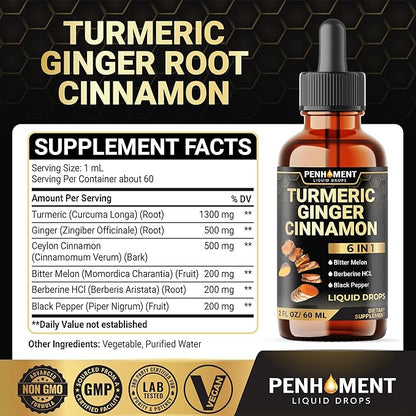 6in1 Liquid Turmeric Curcumin with Ginger, Berberine Extract, Ceylon Cinnamon, Bitter Melon, Black Pepper - Drops Extract - 2FL oz - 60 Servings