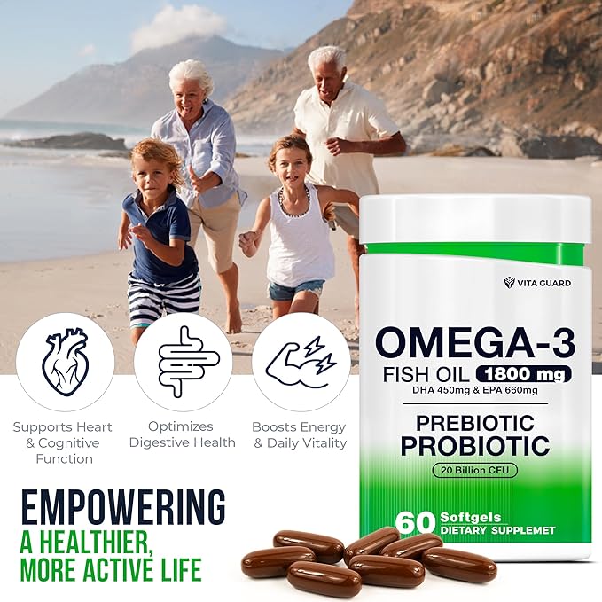 Omega-3 Fish Oil with Prebiotics & Probiotics – 1800mg EPA & DHA Supplement for Heart, Brain, and Gut Health – 20 Billion CFU, Inulin Fiber, Burpless Lemon-Flavored Softgels