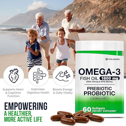 Omega-3 Fish Oil with Prebiotics & Probiotics – 1800mg EPA & DHA Supplement for Heart, Brain, and Gut Health – 20 Billion CFU, Inulin Fiber, Burpless Lemon-Flavored Softgels