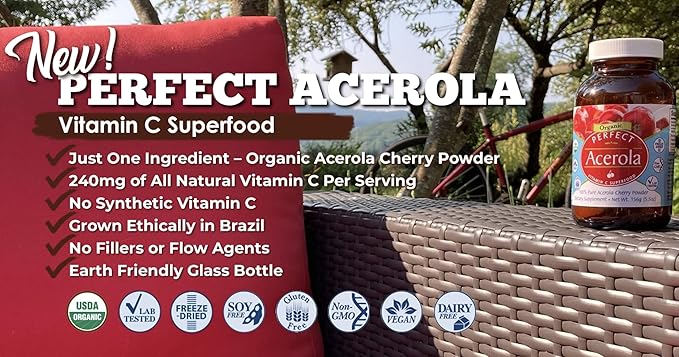 Perfect Supplements – Perfect Acerola Powder – 156 Grams – 100% Pure Acerola Cherry – All-Natural Vitamin C Superfood – Immune System Support