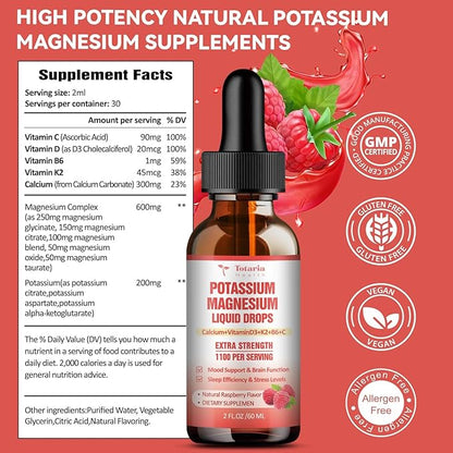 (2 Packs) Potassium Magnesium Supplement Liquid Drops - 200mg Potassium & 600mg Triple Complex Magnesium Glycinate Liquid Citrate Oil High Absorption Potasio Support Bone, Muscle, Leg Cramps