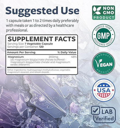 High Absorption Magnesium Bisglycinate Capsules - Clinically Validated Buffered and Chelated Magnesium Supplement - 1 Daily Vegan Capsule with Lab Verified Gentle Magnesium 200mg (4 Month Supply)