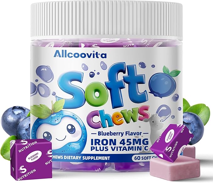 Iron Soft Chew Supplement with Vitamin C | Blueberry Flavored | Gluten Free | Iron Supplement for Women Men and Kids | 60 Count | 2 Month Supply
